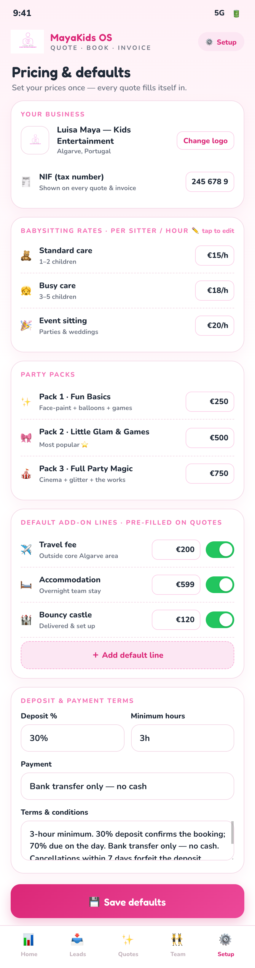 Pricing & defaults
